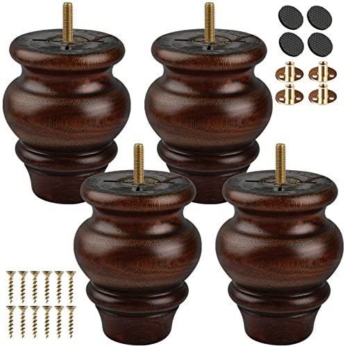 TCHOSUZ 4 inch / 9cm Wooden Furniture Legs, Pack of 4 Classic Glaze Solid Wood Turned DIY Replacement Bun Feet with M8 Hanger Bolts & T-Nuts for Sofa Couch Cabinet Buffet Table Ottoman Riser