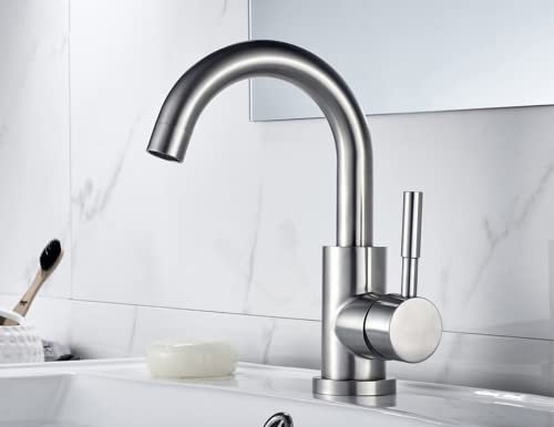 Grifo de Lavabo de Acero Inoxidable 304 (Libre de Plomo) Acabado Plateado Mate. Grifo Monomando Mezclador Agua Fría y Caliente con Rotación de 360 Grados, Aireador ABS y Válvula de Cerámica.