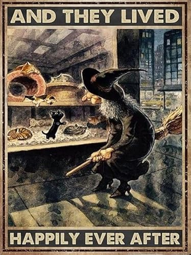 HOUVSSEN Metal Signs Décor Witch Cat and She Lived Happily Ever After Vintage Poster 20,3 x 30,5 cm