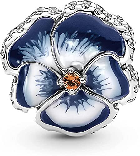 Lkwidi Charme Blaue Stiefmütterchen Blume Charms-Anhänger 925 Sterling Silber Charm Bead Pendant für Europäische Armbänder und Halsketten