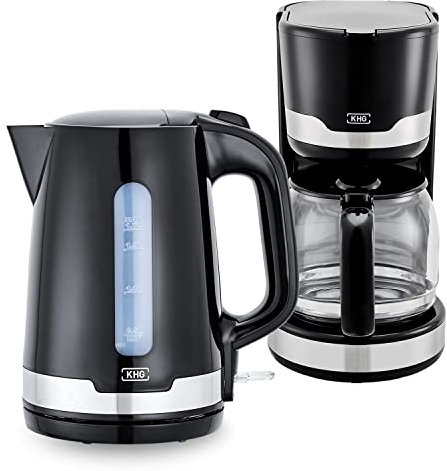 KHG Frühstücksset Wasserkocher und Kaffeemaschine Set 2-teilig, 2.200 & 1.000 Watt, Kapazität 1,7 Liter Wasser oder 12 Tassen Kaffee, Kalkfilter & Permanentfilter – SCHWARZ