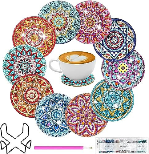 10 Stück Diamond Painting Mandala Untersetzern, Diamond Painting Tischuntersetzer Diamanten Untersetzer 5D DIY Bohemia Diamond Art Untersetzer mit Halter (10 Stück)