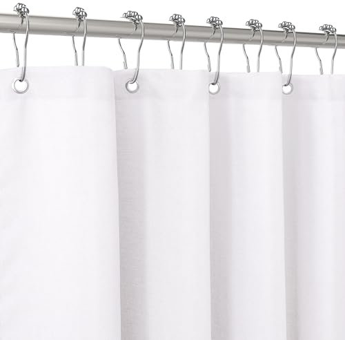 VANZAVANZU Rideau de Douche Lin avec Anneaux en Métal Imperméable Anti-Moisissures Polyester Tissu Rideau Salle de Bain Lourd pour Baignoire Cabine de Douche - 92x182CM (Blanc)