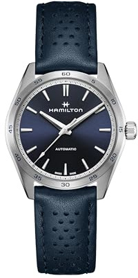 Hamilton Jazzmaster Performer Automatik-Herrenuhr, 38 mm Gehäuse | Swiss Made, blaues Zifferblatt, Analoguhr, WR 100 m, Saphirglas, 3-Zeiger-Uhrwerk, Kalbslederarmband, Edelstahlgehäuse