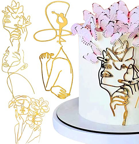5 Stück Acryl Minimalistische Kunst Lady Face Cake Topper Frauen Happy Birthday Cake Topper Gold Kuchen Dekorationen Hochzeit Kuchen Topper für Geburtstag Party Hochzeit Brautparty Party Supplies