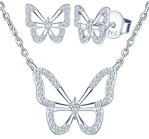 Yumilok Kette Damen Halskette Ohrringe Ohrstecker Collier 925 Sterling Silber Zirkonia Schmetterling für Frauen Mama Valentinstag