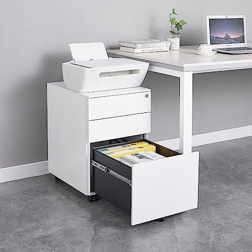 Panana Fully Assembled!Home Filing Furniture Under Desk 3Drawers Steel Lockable Mobile File Cabinet Bedside Table, Office Metal Storage Chest of Drawers(W39*D52*H60cm,White)