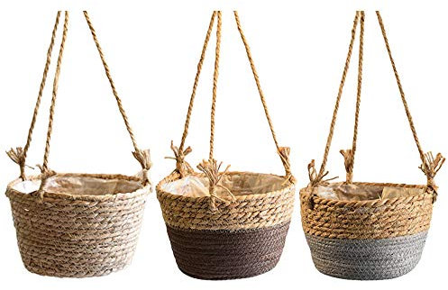 NLDGR Hängendes Pflanzkorb-Set, Jute-Seil-Pflanzenaufhänger, Handgewebter Aufbewahrungs-Blumentopf mit Wasserdichter Kunststoffauskleidung für Garten, Draußen, Drinnen, Balkon(#1)