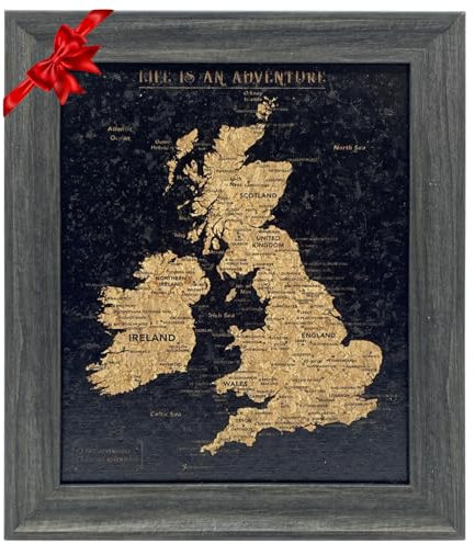 Splosh Travel Map - Desk UK Map & Ireland Map Pin Board in Black, Wooden Frame. Travel Map Pin Board with 100 Pins in 2 Colours to Mark Your Past & Future Adventures, Map of UK & Map of Ireland.