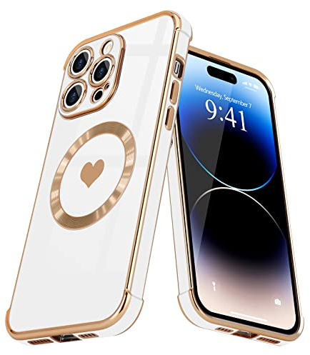 L-FADNUT Kompatibel mit iPhone 14 Pro Hülle Kompatibel mit MagSafe Weiß | Glänzend Herzmuster Magnetisch Handyhülle Stoßfeste Kratzfest Silikon Schutzhülle