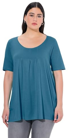 Ulla Popken Damen große Größen Übergrößen Plus Size T-Shirt, Zierfalten, A-Linie, Rundhals, Halbarm, Modal denimblau 58+ 796473721-58+