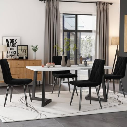 Sweiko Ensemble Table et Chaises(5 Pièces),Table de Salle à Manger aux Pieds Noirs avec 4 Chaises de Noir Twill Velours,Moderne Cuisine Rectangulaire Ensemble Table et Chaises Set (Noir)
