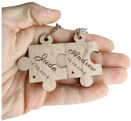 Personalised Valentines Keyring Gift Set for Couples, His and Hers Matching Jigsaw Laser Engraved with Name & Date Birthday Anniversary