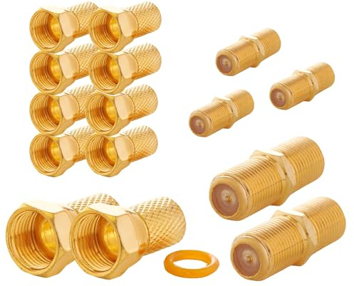 VENTON 10x F-Stecker 7mm mit 5x vergoldeten F-Verbindern: mit Gummidichtung und breiter Mutter - Ideal für SAT Kabel, BK Anlagen & Satelliten LNB - Komplettes F-Stecker und Verbinder Kit