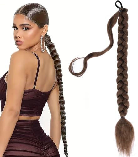 Gledola Lange Geflochtene Pferdeschwanz Verlängerung 30 Zoll Pre Stretched Flechten Haar Extensions DIY Geflochtene Pferdeschwanz Synthetische Haar Stück (Dunkelbraun, 30 Zoll)