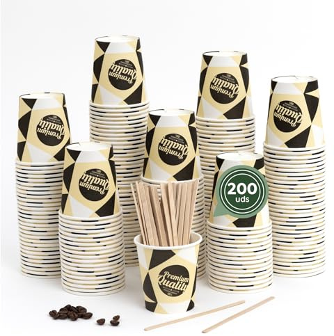 Horeca Collection MAXI PRODUCTS - 200 Unidades Vasos Café Desechables con Paletina - Vasos Cartón 250 cc - Vasos Desechables Catering - Vasos Café para Llevar - APTO BEBIDAS CALIENTES Y FRÍAS
