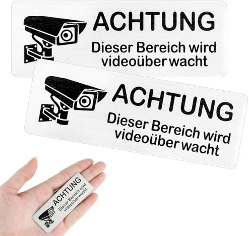 simarro Achtung VideoüBerwachung Schild Selbstklebend, 8.5x3cm Aluminium Schild Warnschild Aufkleber Videoüberwachung Warnschild Gebürstetes für Innen und Außenbereich(2Stück Silber)
