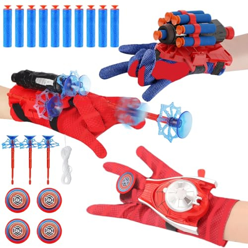 DAIREN 3 Set Spiderm Launcher Handschuh für Kinder,Spiderm Hero Handschuhe,Super Spider Launcher,Kids Spiderm Hero Handschuhe mit Saugnapf-Darts und Frisbee