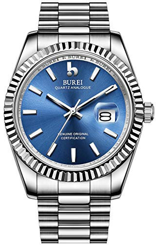 BUREI Herren-Armbanduhr, luxuriös, Edelstahl, analog, Business, Mode, wasserdicht, Geschenke für Herren, Blau/Silber, Business-Stil