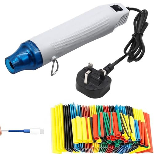 TOPIND Mini Heat Gun, Heat Shrink Tubing Kit, 300W 220V Portable Epoxy Resin Hot Air Gun with 85CM Power Cord for DIY Embossing Drying Paint Crafts + 164 Pcs Heat Shrink Wrap Tube (White)