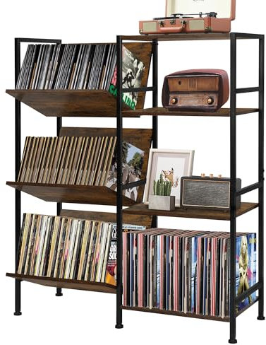 TQVAI Vinyl Record Storage with Turntable Stand, End Table with 4 Tier Large Storage Up to 200 Albums, CD Rack, Wood Record Shelf Cabinet for Living Room, Rec Room, Home Studio, Black/Antique