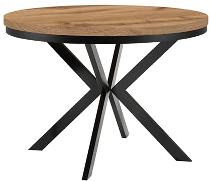 Dekori Möbel Runder Ausziehbarer Tisch für Esszimmer ENDO mit Ring-Gestell und Metallbeinen, Durchmesser Varianten von : 90 bis 220 cm (Eiche Wotan/Schwarz, 110/210 cm)