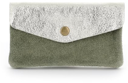 Double Tree - Porte-Monnaie Cartes Cuir Véritable Suède Irisé Femme - Portefeuille Pochette Rangement À Rabat - Format Mi-Long Taill M - Léger Pratique - Olive