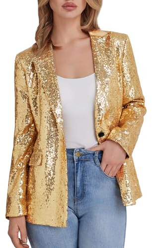 Kelyaa Women's Sequin Suit Jacket Open Front One Button Long Sleeve Blazers Party Sparkly Cardigan Coat with Pockets Light Golden