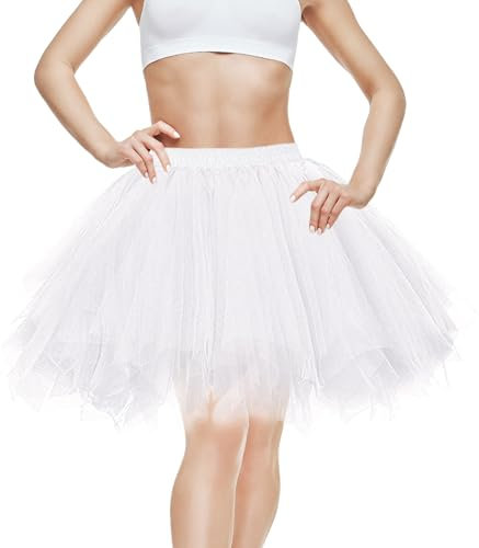 DAMIGHT Tüllrock Damen Tütü Rock, Damen Tüllrock 50er Rock Retro Ballet Unterrock, Klassisch Hohe Taille Ballettrock Rockabilly Petticoat Ballkleid Abendkleid Cosplay Party Karneval Kostüm, Weiß