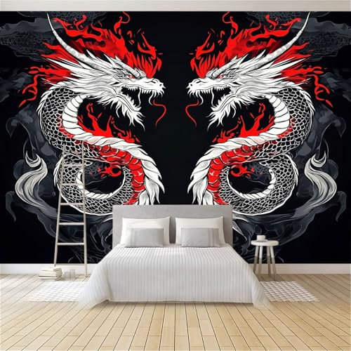 Papier Peint Panoramique Rouge Noir Fantastique Feu Dragon Oriental 200 x 140 cm, Moderne Papier Peint Intissé pour Chambre Salon Bureau Personnalisé Décoration Murale