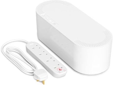 D-Line Cable Tidy Box with 4 socket 2m Extension Lead 13amp Surge Protected, Cable Management Solution, TV Wire Tidy, Desk Cable Organiser - Large, White