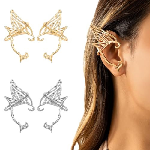 MOLZINY 2 Paar Elfen Ohren Elfenohren Elfenohren Erwachsene Elf Ears Elfen Ohren Damen Elfenohren für Kinder und Erwachsene Elfenohren für Elben Kostüm Feenkostüme Frauen Cosplay Kostüm (Gold, Silber)