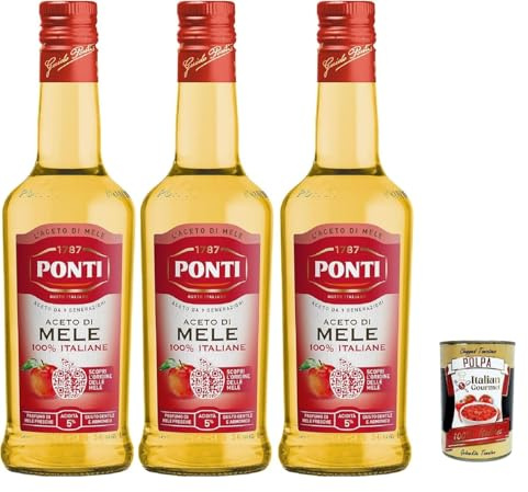 Ponti, Aceto di Mele 100% Italiane, Apfelessig mit einem sanften und harmonischen Geschmack, 5% Säure, ideal für das Aromatisieren Ihrer Salate und Fleisch, 3x 500 ml + Italian Gourmet polpa 400g