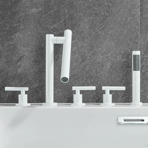 PETERNATA Shower Head Set, Shower Mixer Tap White Deck Mounted Bath Shower Mixer Foldable Mixer Tap Double Bath Taps Lever