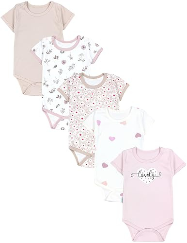 TupTam Baby Body Mädchen 5er Pack – Kurzarm Body Baby aus Baumwolle, Ideal für Sommer und Alltag, Farbe: Blätter Blumen Herzchen Puderrosa Hellbeige, Größe: 104