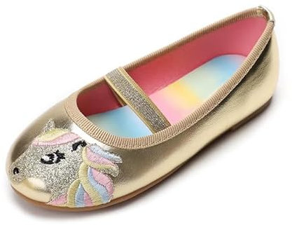 Ballerine da Bambina con Unicorno, Scarpe Basse Casual, Colori Metallizzati, Suola Arcobaleno Antiscivolo (Gold, Sistema Taglie Calzature EU, Bimbo (0-5 Anni), Numero, Media, 31)