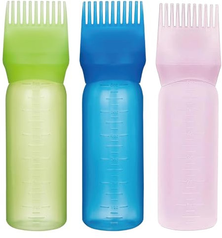 Yebeauty Root Comb Applicator Bottle, 3 Pack 6 Ounce Hair Oil Applicator Bottle for Hair Dye Bottles Brush with Graduated Scale, Green Pink Blue