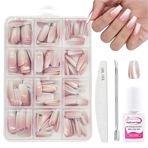 Cat Eye False Nails Kit - 240pcs Gradient Pink Press On Nails - Acrylic Coffin False Nails Short - 12sizes Shimmer Stick On nails - Fulll Cover Fake Glue On nails For Women