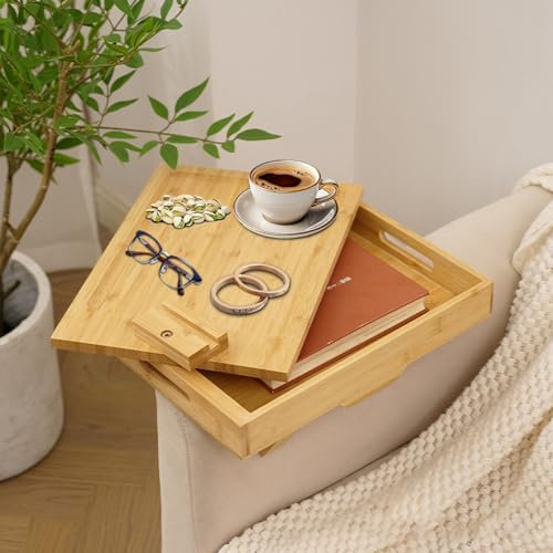 Canapé Accoudoirs Plateau Flexible Bois Bambou Porte-Boisson Accoudoir, Deux étages Clip-on Plateau-Table de Canapé avec Plateau pivotant à 360° et Support pour téléphone Portable, Tasses