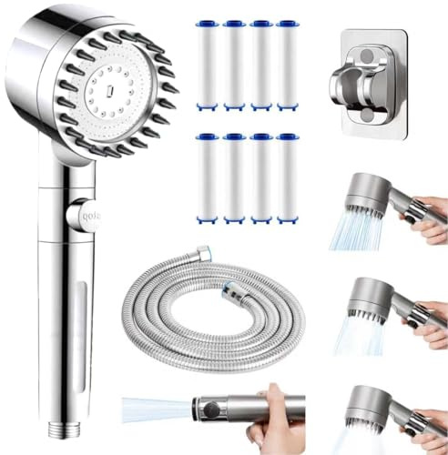 Soffione Doccia con 8 filtri doccetta ad alta pressione con sistema di filtraggio d'acqua testa doccetta manuale da 1.5 m, 4 tipi di getto,R iduce il Calcare con il Filtro per Doccia