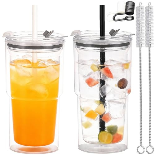 CuppaLifes 510ml Plastic Cups with Lids and Straws, Double Wall Reusable Coffee Cup, Translucent Travel Mug for Hot Drinks (2, White, Black)