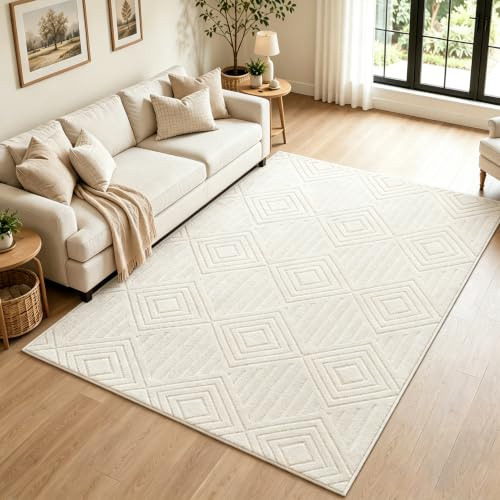 Capslpad Teppich Wohnzimmer 120x180cm, Großer Kurzflor Waschbarer, Creme | Teppiche 3D Effekt Flauschige Rutschfest Carpet für Kinderzimmer Esszimmer Küchen Schlafzimmer