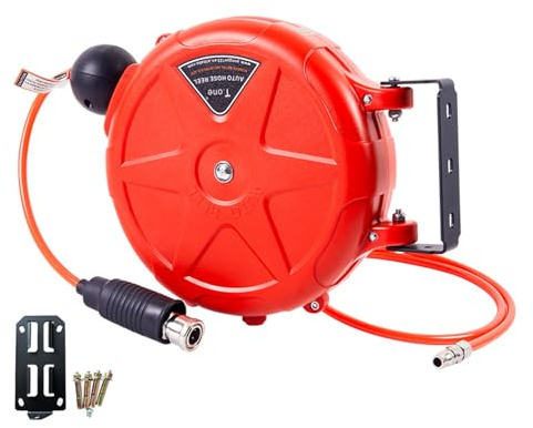 Enrouleur de tuyau pneumatique rétractable – Outil de rembobinage automatique de 10 m avec support pivotant et coupleur rapide | Fournitures de compresseur d'air pour l'agriculture, le garage