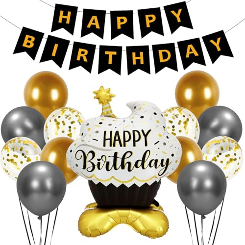 14 Stück Folienballon XXL Happy Birthday Torte | Stehende Happy Birthday Ballons, Deko Schwarz Gold, Aufblasbare Torte Folienballon Geburtstag