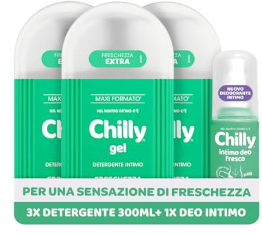 Chilly, Detergente Intimo Gel Fresco 3x300ml + Deodorante Intimo 50ml | Formula pH5 con Mentolo Naturale, Freschezza Lunga Durata, Delicato per Uso Quotidiano, Ginecologicamente Testato