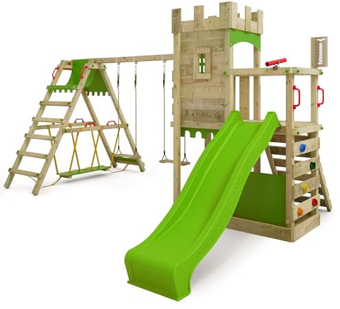 Fatmoose Aire de Jeux Château Fort BoldBaron Boost XXL avec SurfSwing, balançoire & Toboggan Vert Pomme, extérieur Enfants Tour d'escalade avec bac à Sable échelle & Accessoires de Jeux