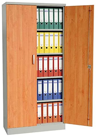 Aktenschrank Stahlschrank Büroschrank mit Dekor-Flügeltüren in Holzoptik, 195x92x42cm, Grau/Erle