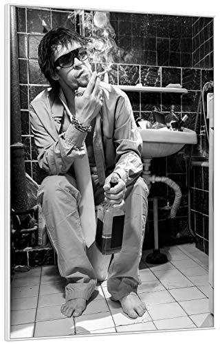 Wallario Wandbild - Kloparty - Sexy Mann auf Toilette mit Zigarette SW in Premiumqualität, Poster mit weißem Rahmen, Größe: 61 x 91,5 cm