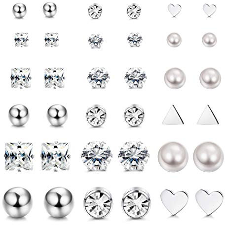 Milacolato 18 Pairs Edelstahl Ohrringe Ohrstecker Set für Damen Mädchen Round Clear CZ Stud