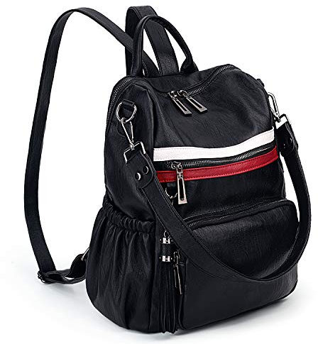 UTO Damen Rucksack PU Washed Leder Mode Multifunktionsrucksack mit Quastendesign 2 Streifen Lässige Schultertaschen vielen Kompartiment Reißverschluss Umhängetasche Schulrucksack Schwarz mit Rot Weiß